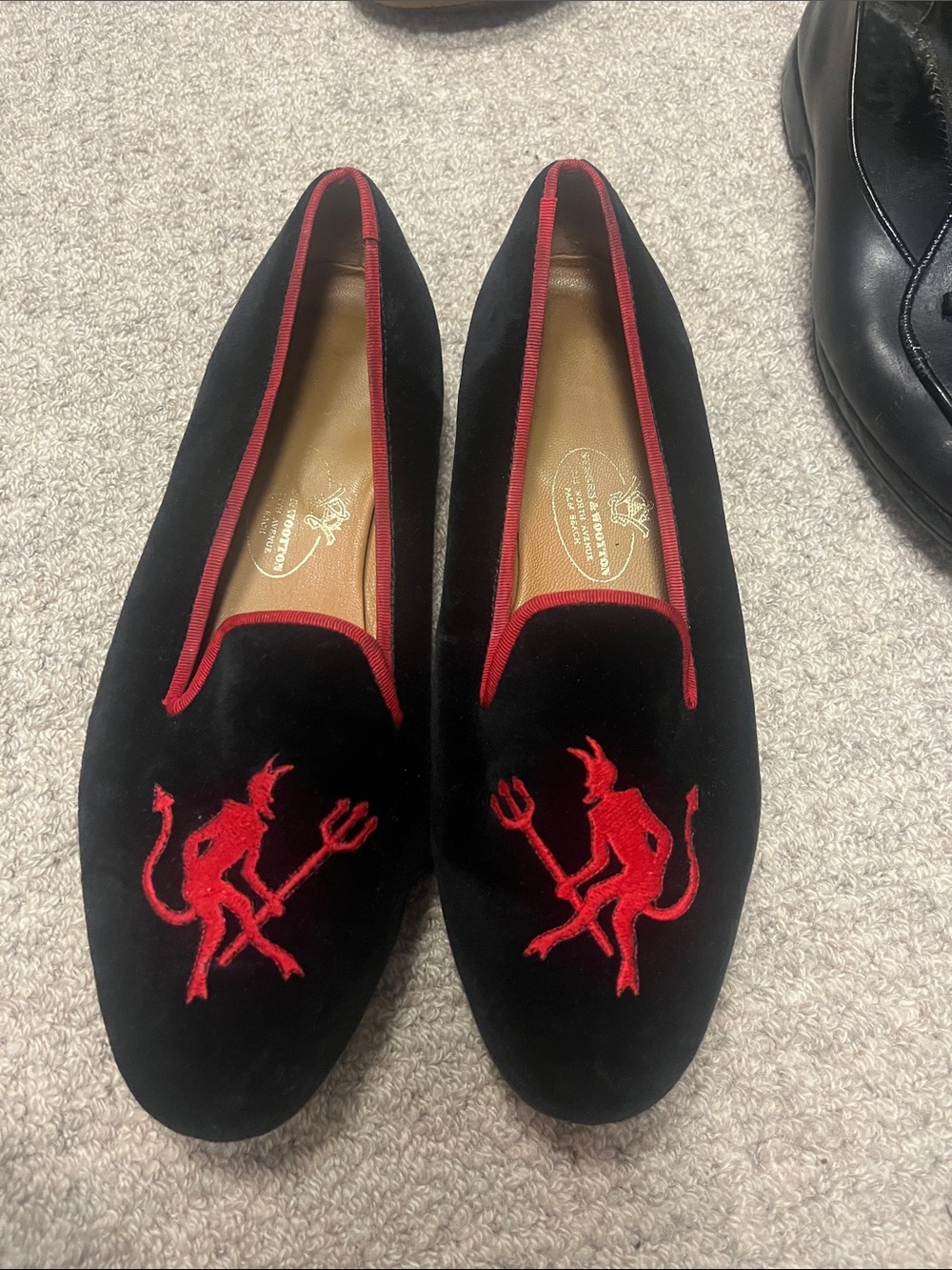 Stubbs & Wootton Black Velvet Loafers with Red Devil Embroidery